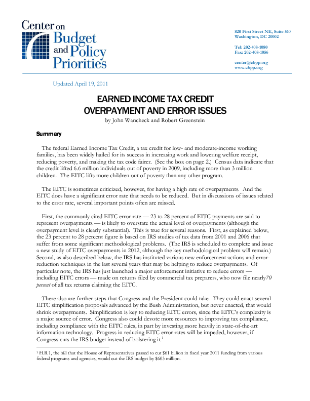 Earned Income Tax Credit Overpayment and Error Issues 
